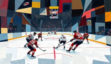 A cubist-style painting depicting a hockey game between the Carolina Hurricanes and Chicago Blackhawks, with the players