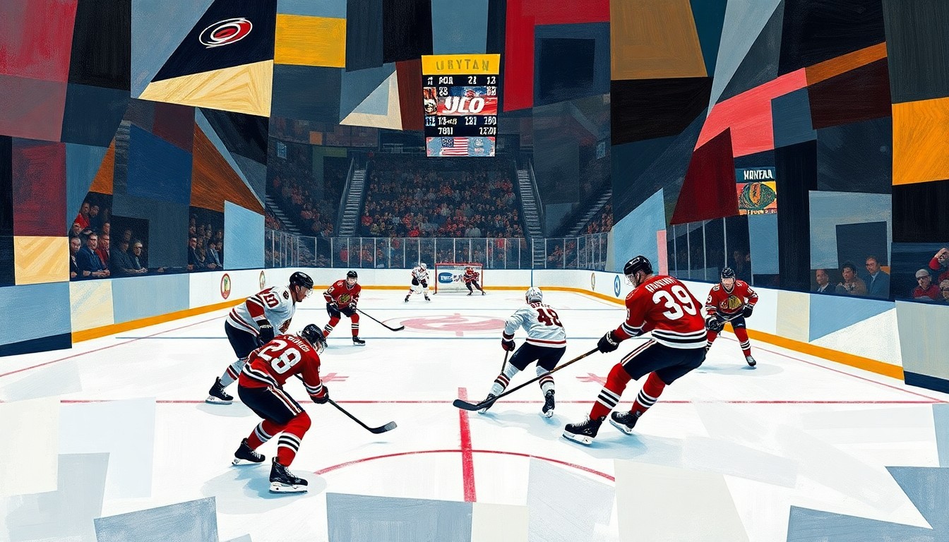 A cubist-style painting depicting a hockey game between the Carolina Hurricanes and Chicago Blackhawks, with the players