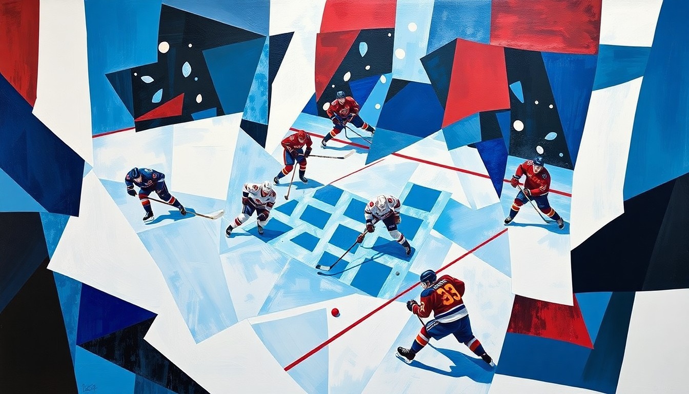 A fractured, multi-perspective painting in bold, angular shapes and vibrant colors, capturing the intensity and energy of a hockey game between the Buffalo Sabres and Columbus Blue Jackets.