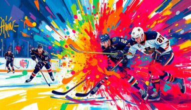 A dynamic, abstract painting in vibrant neon colors, capturing the raw energy and intensity of a high-stakes NHL playoff push, with players