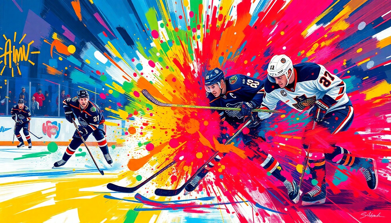 A dynamic, abstract painting in vibrant neon colors, capturing the raw energy and intensity of a high-stakes NHL playoff push, with players