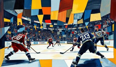 A fractured, multi-perspective painting in a cubist style, breaking down a hockey game into sharp, overlapping geometric planes in shades of blue, red, and white, representing the intensity and movement of the players on the ice.