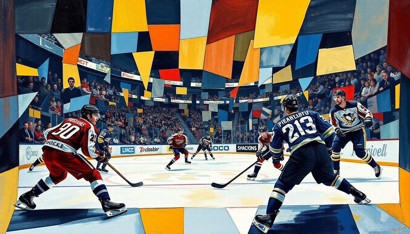 A fractured, multi-perspective painting in a cubist style, breaking down a hockey game into sharp, overlapping geometric planes in shades of blue, red, and white, representing the intensity and movement of the players on the ice.