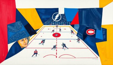 A cubist, geometric painting depicting a hockey game, with sharp, overlapping planes of blue, gold, and red representing the competing teams.