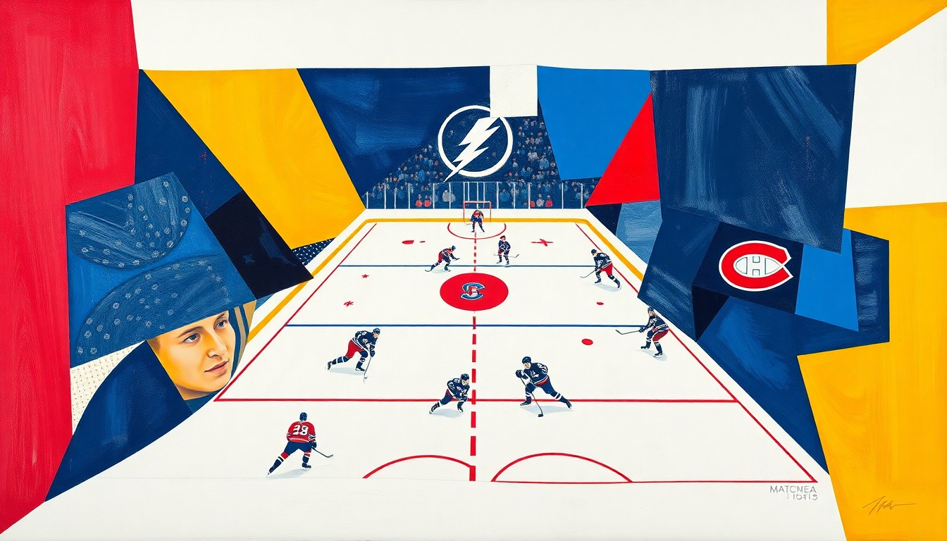 A cubist, geometric painting depicting a hockey game, with sharp, overlapping planes of blue, gold, and red representing the competing teams.