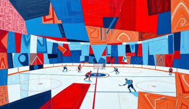 A fragmented, geometric painting in shades of blue, red, and white, depicting the chaotic final seconds of a hockey game with overlapping shapes and perspectives, conveying the high-stakes drama of the playoff race.