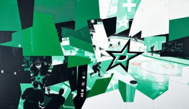 A cubist, geometric painting in the colors of the Dallas Stars, with overlapping angular shapes and planes representing the various elements of a hockey game or match.