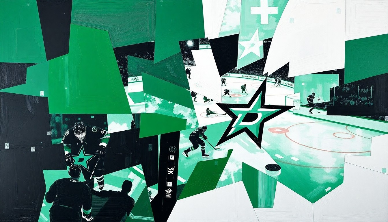 A cubist, geometric painting in the colors of the Dallas Stars, with overlapping angular shapes and planes representing the various elements of a hockey game or match.