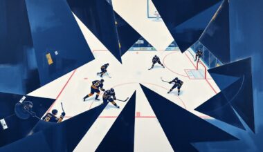 A cubist-style painting depicting a fragmented, geometric interpretation of a Sabres power play sequence, with sharp, overlapping shapes in shades of blue and white, conveying the team