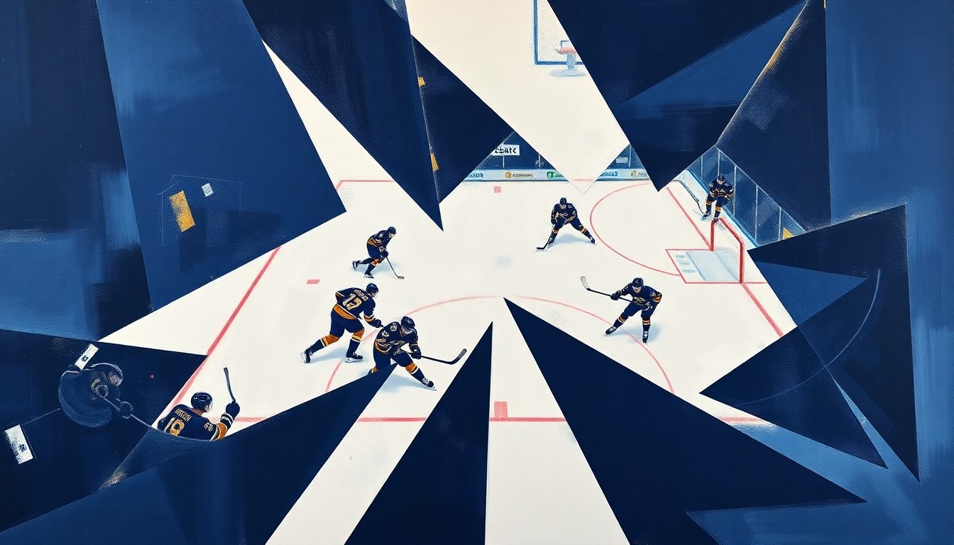 A cubist-style painting depicting a fragmented, geometric interpretation of a Sabres power play sequence, with sharp, overlapping shapes in shades of blue and white, conveying the team
