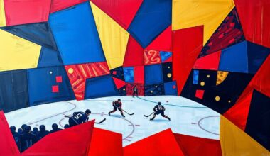 A fractured, geometric painting depicting the intense action of a hockey game, with sharp planes of color and overlapping perspectives capturing the high-stakes drama of the final moments.