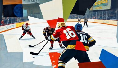 A cubist, fragmented painting depicting a hockey game, with the players and action broken down into sharp, overlapping geometric shapes and planes, capturing the energy and movement of the sport.