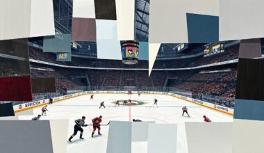 A fractured, geometric painting depicting the back-and-forth action of a hockey game, with players and the puck rendered as overlapping angular shapes in a vibrant color palette.