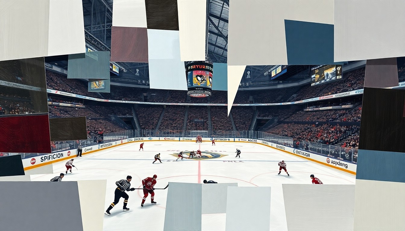 A fractured, geometric painting depicting the back-and-forth action of a hockey game, with players and the puck rendered as overlapping angular shapes in a vibrant color palette.