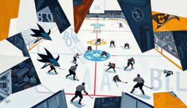 A fragmented, geometric painting depicting a hockey game between the San Jose Sharks and Nashville Predators, with the players and the ice rink broken down into abstract shapes and angles, capturing the intensity and dynamism of the match.