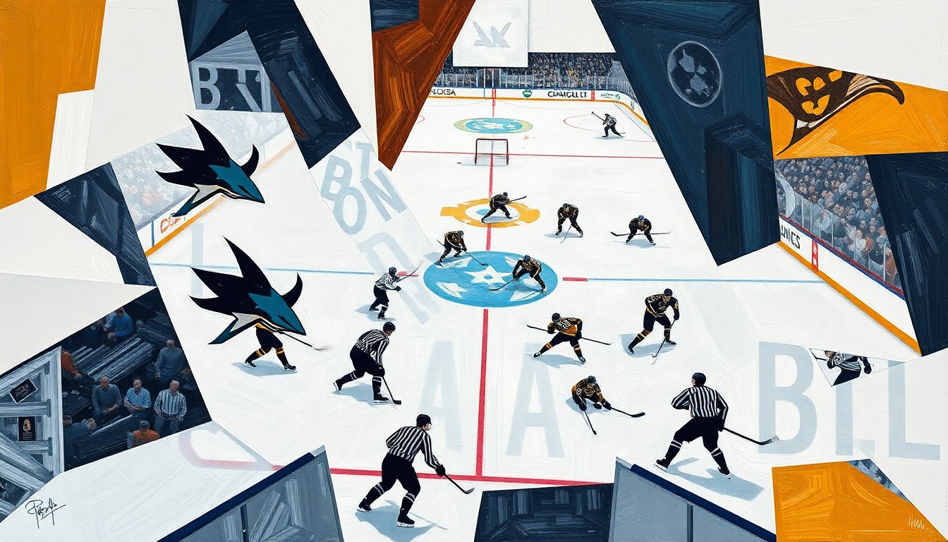 A fragmented, geometric painting depicting a hockey game between the San Jose Sharks and Nashville Predators, with the players and the ice rink broken down into abstract shapes and angles, capturing the intensity and dynamism of the match.