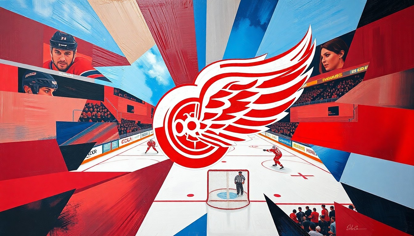 A cubist, geometric painting depicting a fragmented Red Wings hockey game, with sharp planes of red, white, and blue colors representing the team