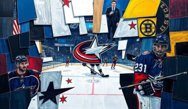 A fractured, geometric painting depicting a hockey game between the Columbus Blue Jackets and Boston Bruins, with the team colors used throughout the abstract, overlapping shapes and planes.