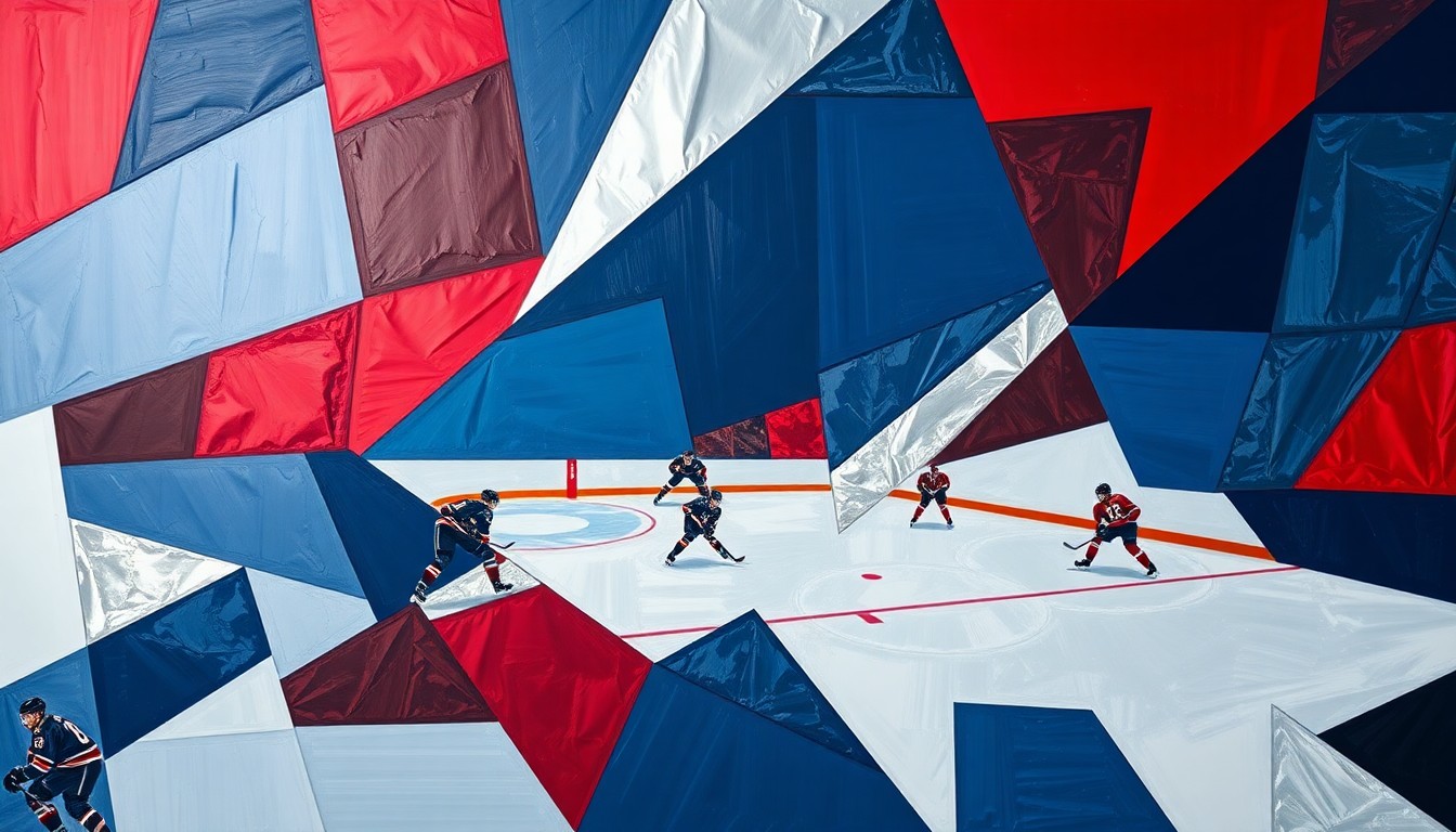 A cubist, geometric painting depicting a fragmented hockey game scene, with sharp planes of navy, red, and silver overlapping to create a dynamic, abstract composition.