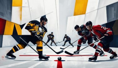 A cubist, geometric painting depicting an abstracted hockey game between the Pittsburgh Penguins and Washington Capitals, with the players