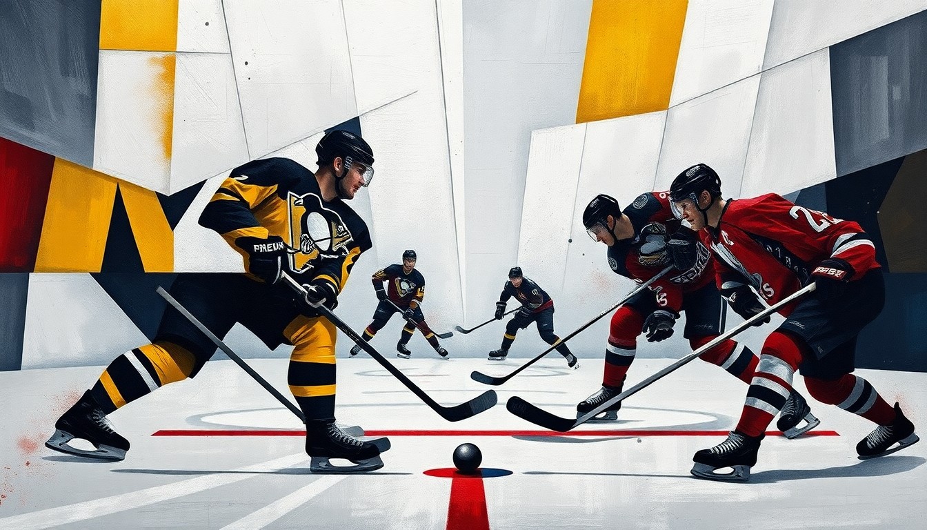 A cubist, geometric painting depicting an abstracted hockey game between the Pittsburgh Penguins and Washington Capitals, with the players