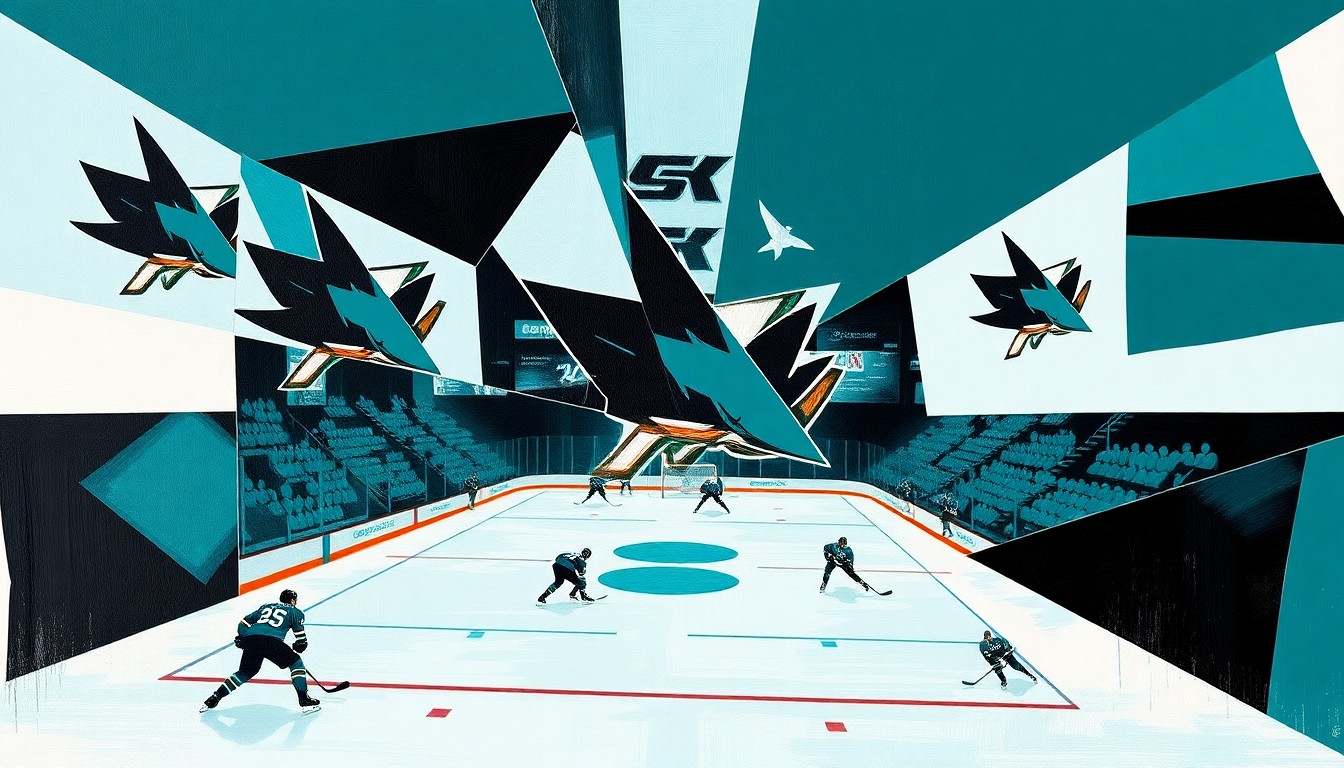 A cubist, geometric painting depicting a Sharks hockey game, with sharp, overlapping planes of teal, black, and white colors representing the team