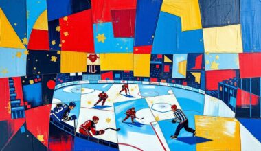 A cubist, geometric painting depicting a hockey game, with players and the puck broken down into overlapping angular shapes in a vibrant color palette, conveying the intensity and competition of the late-season playoff race.
