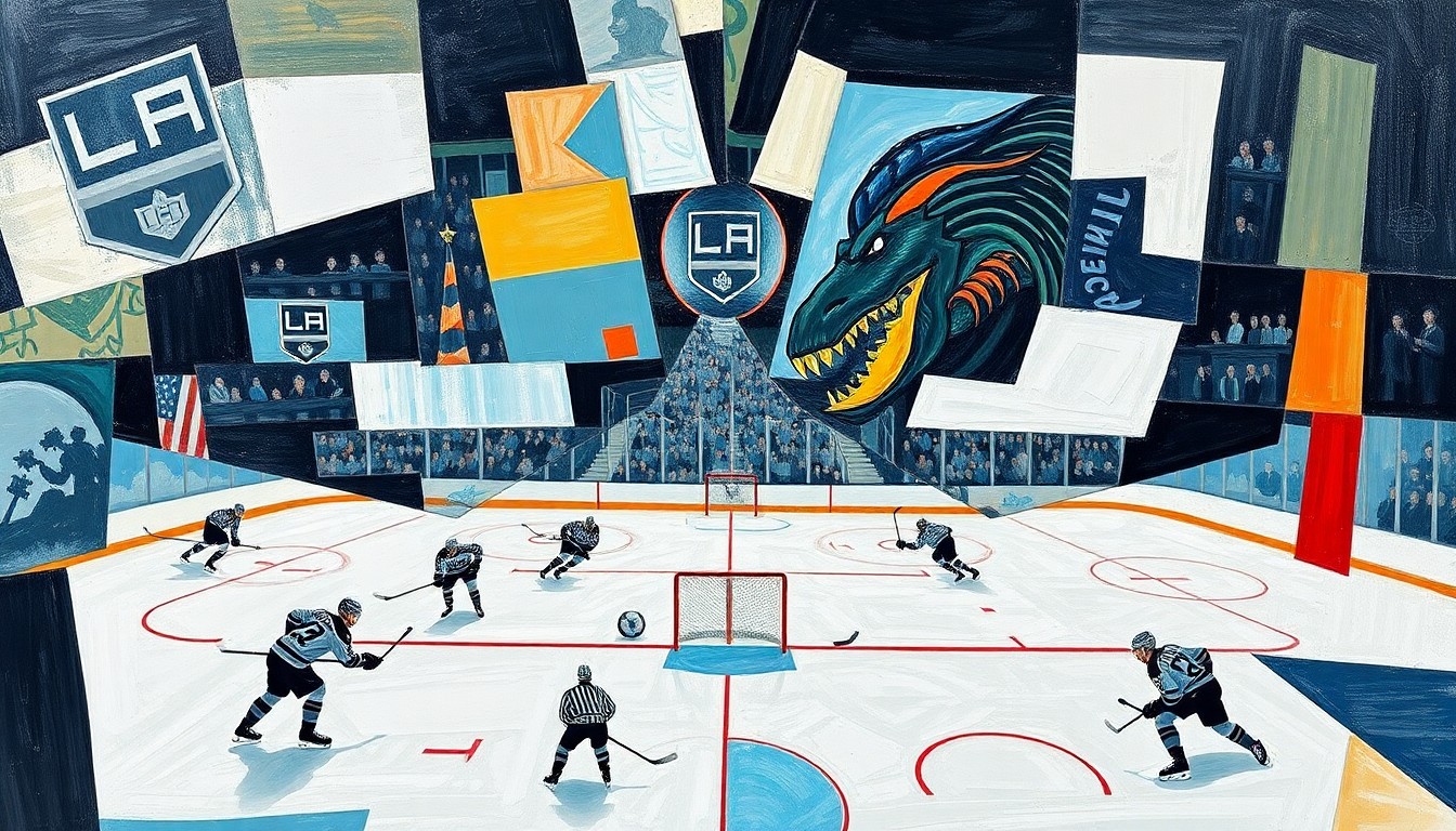 A cubist, geometric painting depicting a hockey game between the Los Angeles Kings and Seattle Kraken, with the players and action broken down into sharp, overlapping shapes and planes of color.