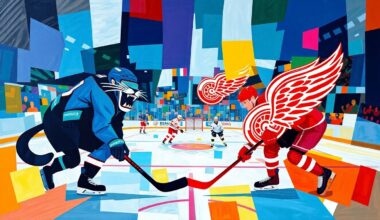 A fractured, geometric painting depicting a hockey game between the Florida Panthers and Detroit Red Wings, with sharp planes of color and overlapping perspectives creating a dynamic, kinetic composition.