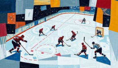 A fragmented, geometric painting depicting the dynamic movements and competing forces of a hockey game, with players