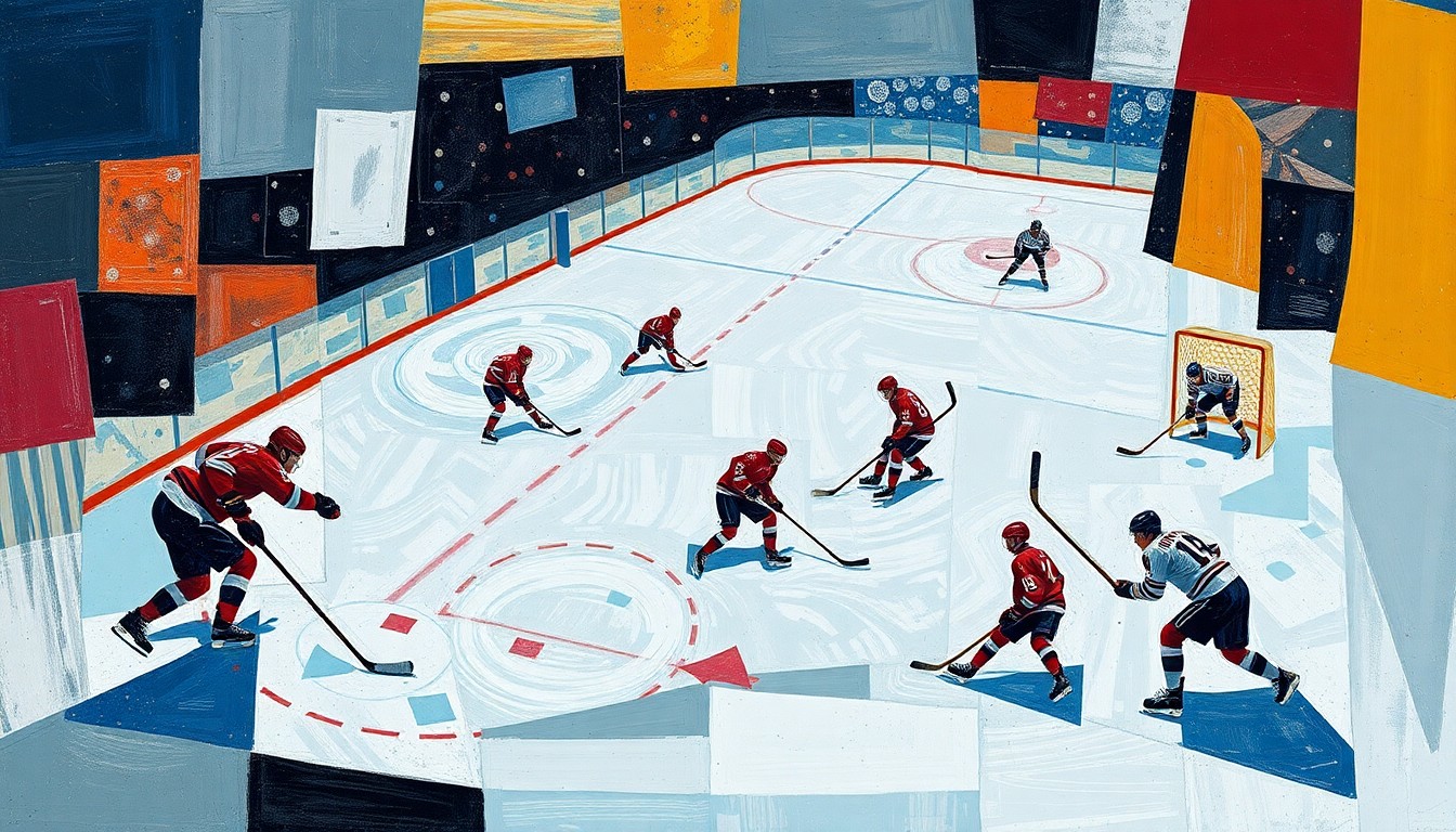 A fragmented, geometric painting depicting the dynamic movements and competing forces of a hockey game, with players
