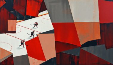 A fractured, geometric painting in muted tones of red, blue, and grey, depicting a hockey game or match broken down into sharp, overlapping planes, conveying the Detroit Red Wings