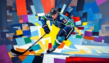 A fractured, multi-perspective painting depicting a hockey defenseman in action, with sharp, overlapping geometric planes in the vibrant colors of the Canucks and Kings teams, capturing the dynamic energy of the sport.
