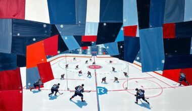 A cubist, geometric painting depicting a fragmented hockey game, with sharp planes of navy, scarlet, and white overlapping to create a dynamic, abstract composition that captures the emotional intensity of the Blue Jackets