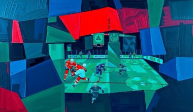 A cubist-style painting featuring overlapping geometric shapes in navy, green, and red, abstractly depicting a hockey game or match.