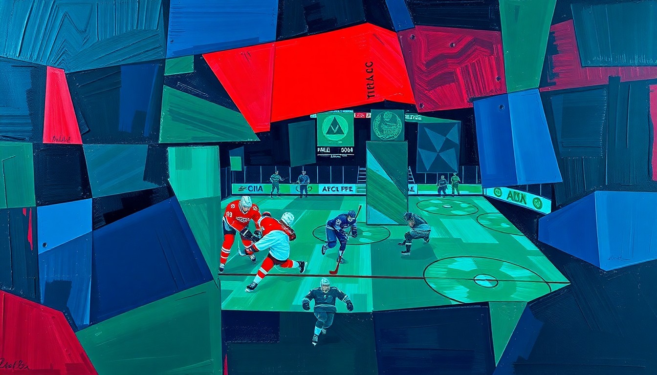 A cubist-style painting featuring overlapping geometric shapes in navy, green, and red, abstractly depicting a hockey game or match.