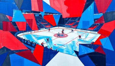 A cubist, geometric painting depicting a hockey game, with sharp, overlapping planes of blue, red, and white colors representing the players and action on the ice.