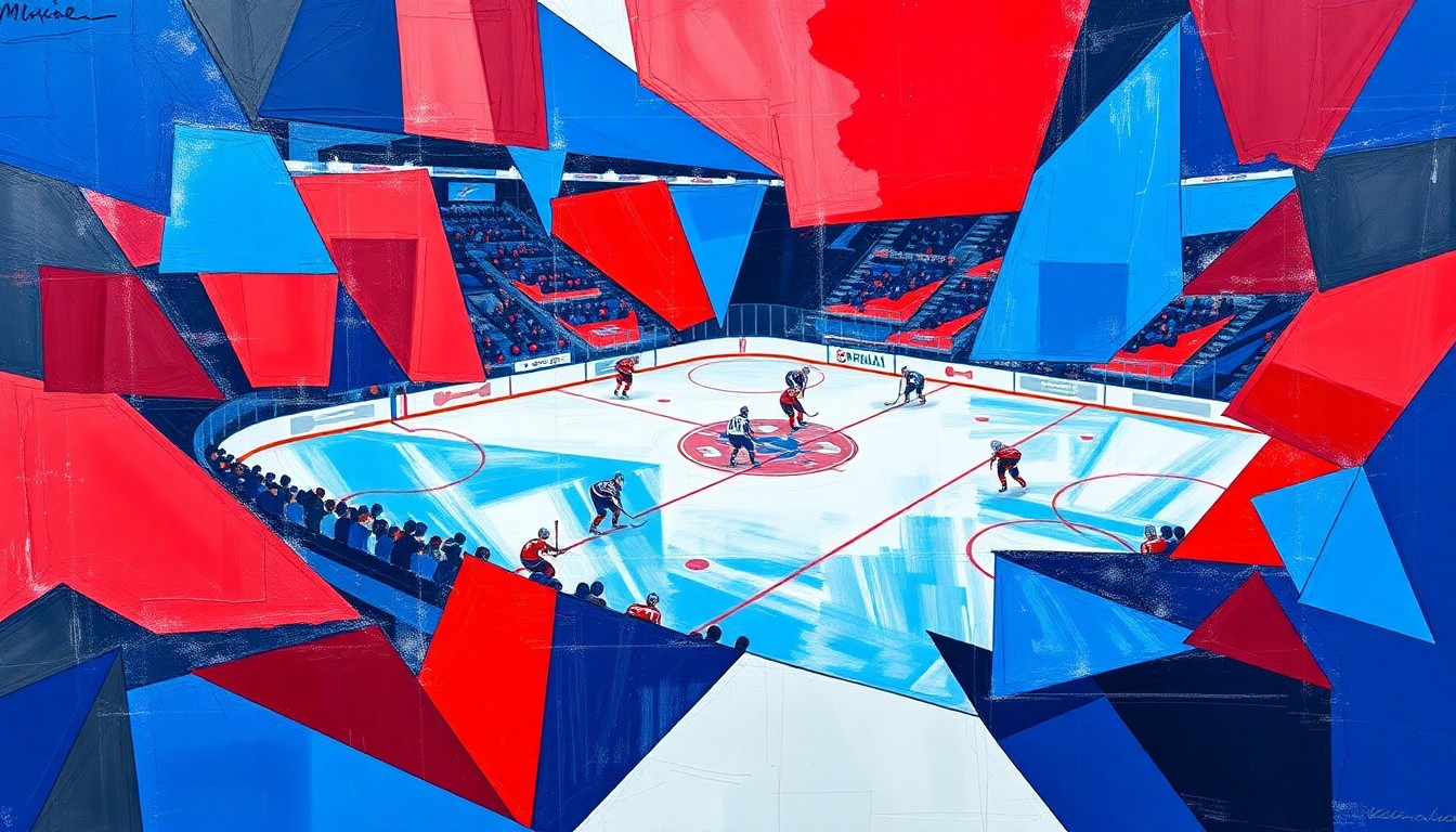 A cubist, geometric painting depicting a hockey game, with sharp, overlapping planes of blue, red, and white colors representing the players and action on the ice.