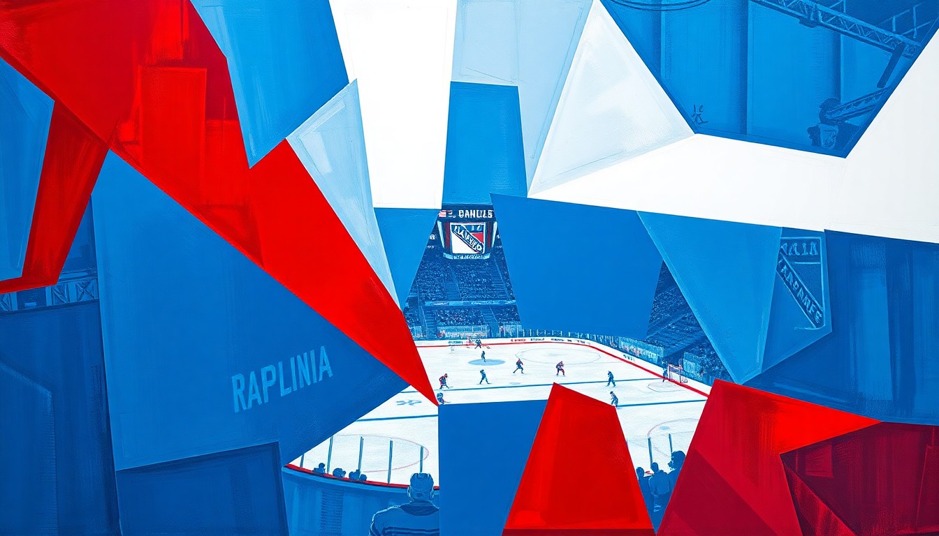 A cubist, fragmented painting depicting a hockey game, with sharp geometric shapes in the Rangers