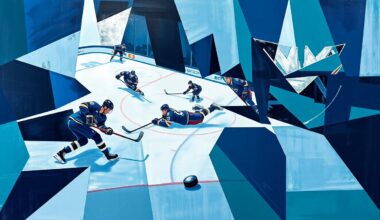 A cubist, geometric painting depicting a hockey game between the Winnipeg Jets and San Jose Sharks, with the players and puck represented as fragmented, angular shapes in a palette of navy blue, teal, and silver.