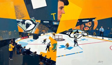 A vibrant, cubist-inspired illustration depicting the dynamic action of a hockey game, with players and the puck fragmented into geometric shapes and planes of color, conveying the high-stakes tension of the Ducks