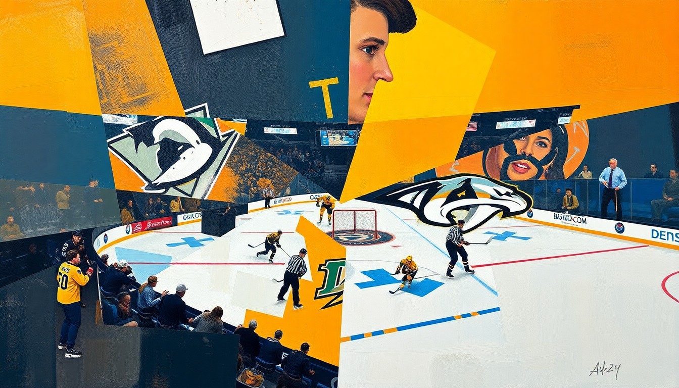 A vibrant, cubist-inspired illustration depicting the dynamic action of a hockey game, with players and the puck fragmented into geometric shapes and planes of color, conveying the high-stakes tension of the Ducks
