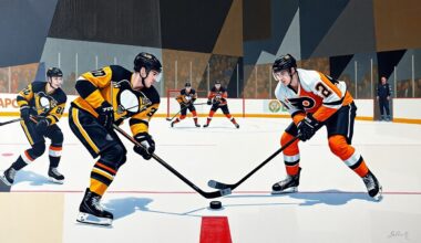 A fractured, multi-perspective painting depicting a hockey game between the Pittsburgh Penguins and Philadelphia Flyers, with the players and ice surface broken down into sharp, overlapping geometric shapes and planes in the team