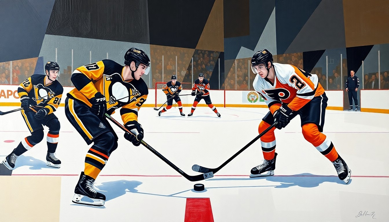 A fractured, multi-perspective painting depicting a hockey game between the Pittsburgh Penguins and Philadelphia Flyers, with the players and ice surface broken down into sharp, overlapping geometric shapes and planes in the team