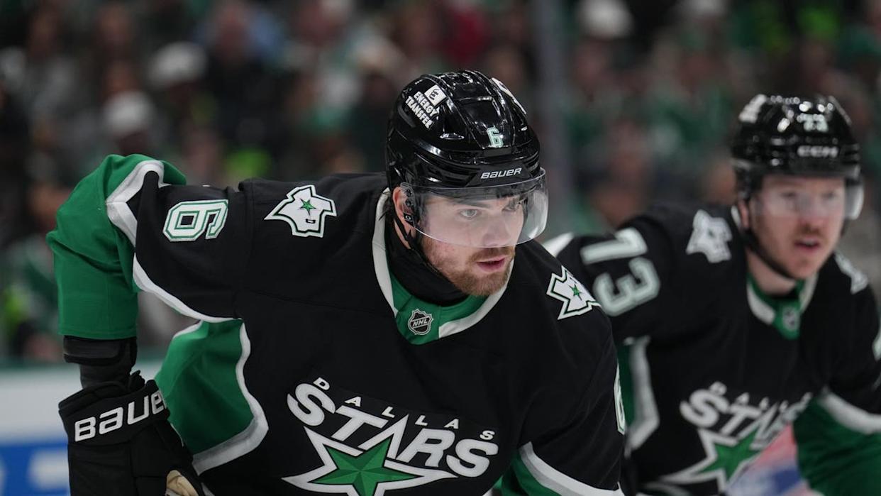 <div>DALLAS, TX - APRIL 18: Lian Bichsel #6 of the Dallas Stars lines up against the Minnesota Wild in Game One of the First Round of the 2026 Stanley Cup Playoffs during the second period at the American Airlines Center on April 18, 2026 in Dallas, Texas. (Photo by Glenn James/NHLI via Getty Images)</div>