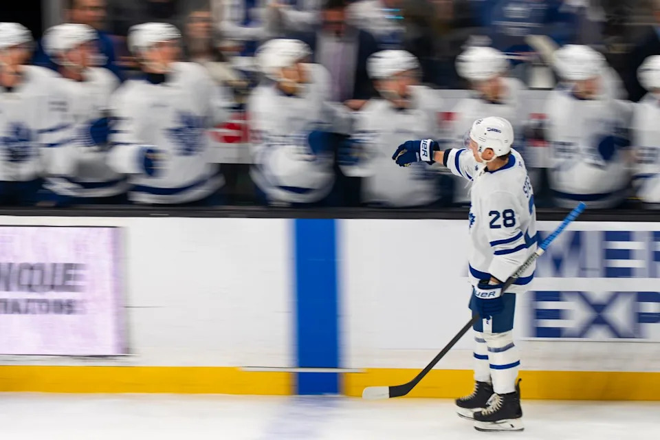 Toronto Maple Leafs defenseman Troy Stecher celebrates a Matthew Knies (22) goal during an NHL hockey game against the Los Angeles Kings on April 4th, 2026 in Los Angeles, CA.