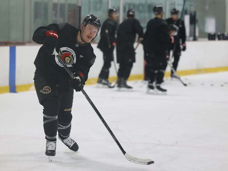  Senators captain Brady Tkachuk shoots the puck during practice in Ottawa on Friday.