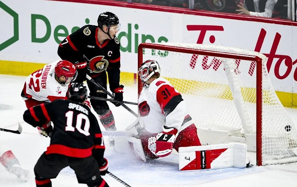  The Ottawa Senators’ Brady Tkachuk watches the puck enter the net of Carolina Hurricanes goaltender Frederik Andersen during the third period in Ottawa on Sunday, April 5, 2026.