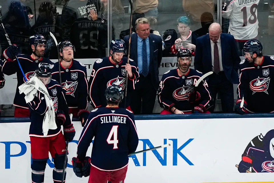 Columbus Blue Jackets head coach Rick Bowness looks at his players in the second period of the NHL game at Nationwide Arena on Saturday, April 4, 2026 in Columbus, Ohio.