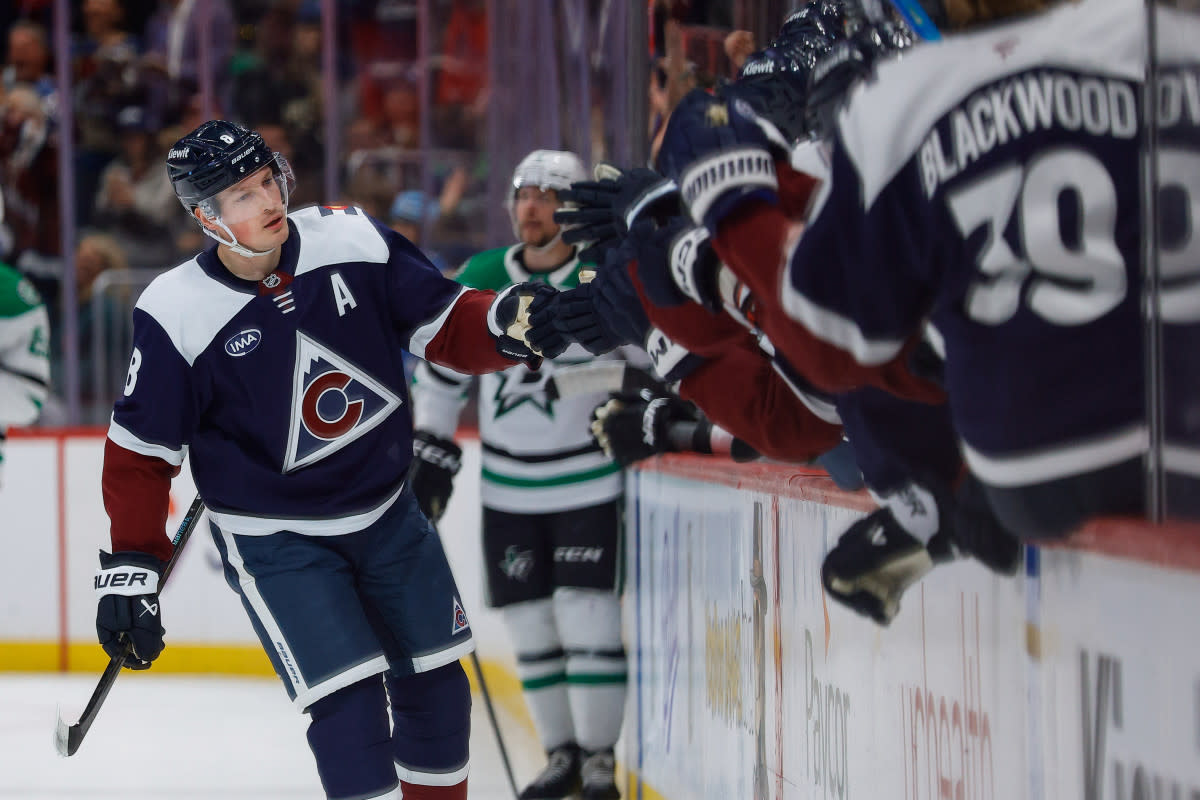 Colorado Avalanche defenseman Cale Makar (8) celebrates at Ball Arena.Isaiah J&period; Downing-Imagn Images